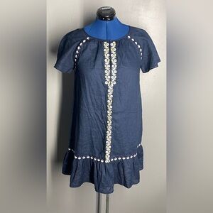 Madewell‎ Sz S Embroidered Linen-Blend Raglan Ruffle Mini Dress Navy Blue Beach